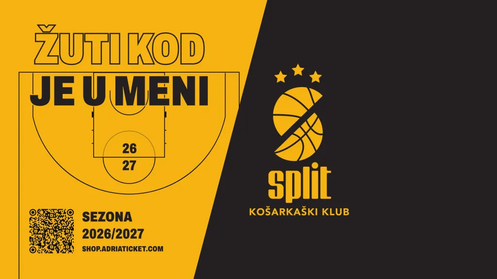 Plakat Žuti kod je u meni: pretplate KK Split za sezonu 2026./27., shop.adriaticket.com