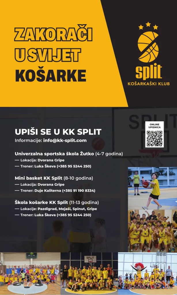 Plakat Zakorači u svijet košarke: upisi u Univerzalnu sportsku školu Žutko, mini basket i školu košarke KK Split